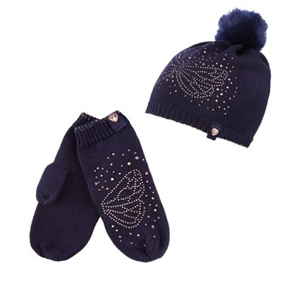 Girls' navy embellished hat and glove set